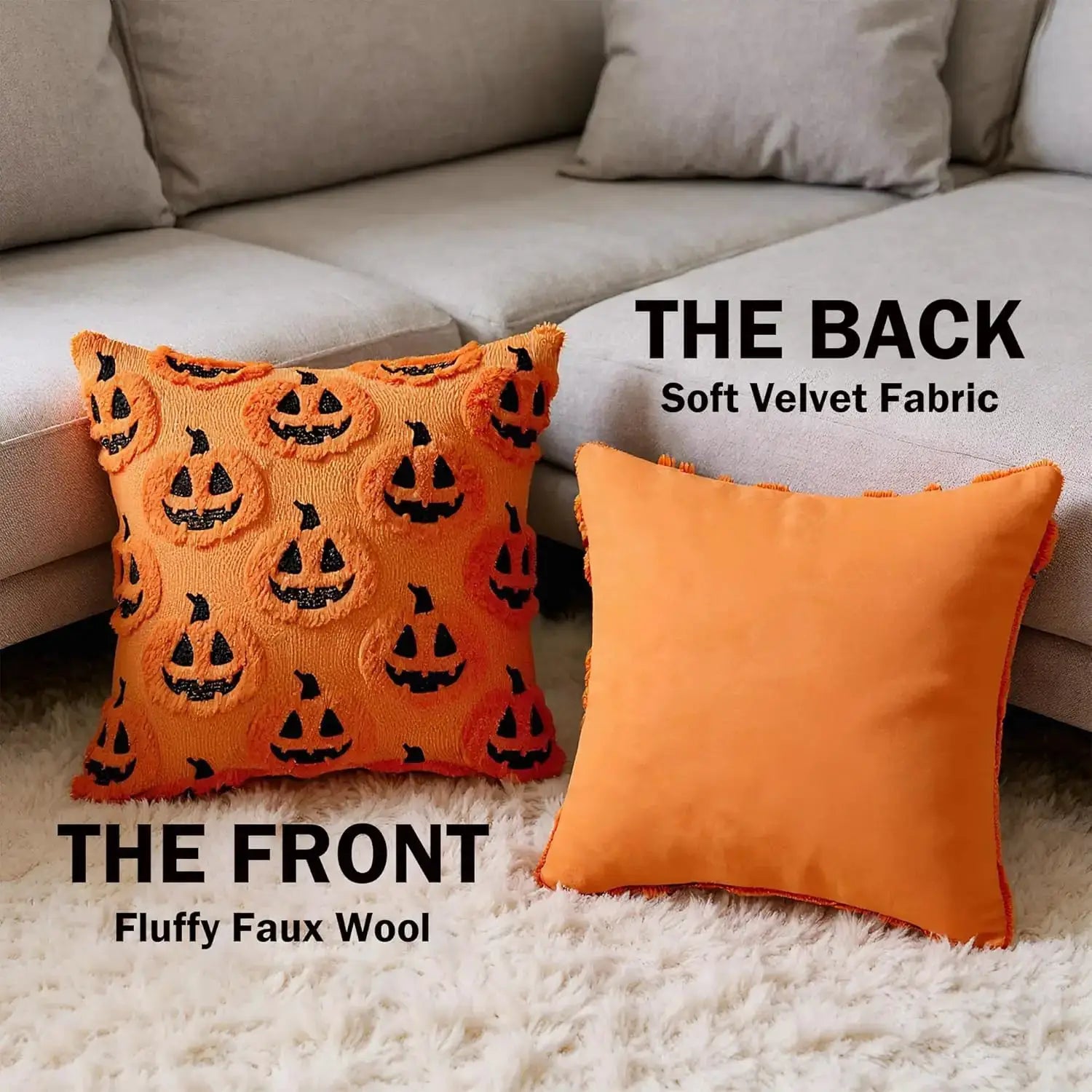 Pumpkin-themed orange pillow covers set (2) with fluffy faux-wool front and solid velvet back on a beige couch.