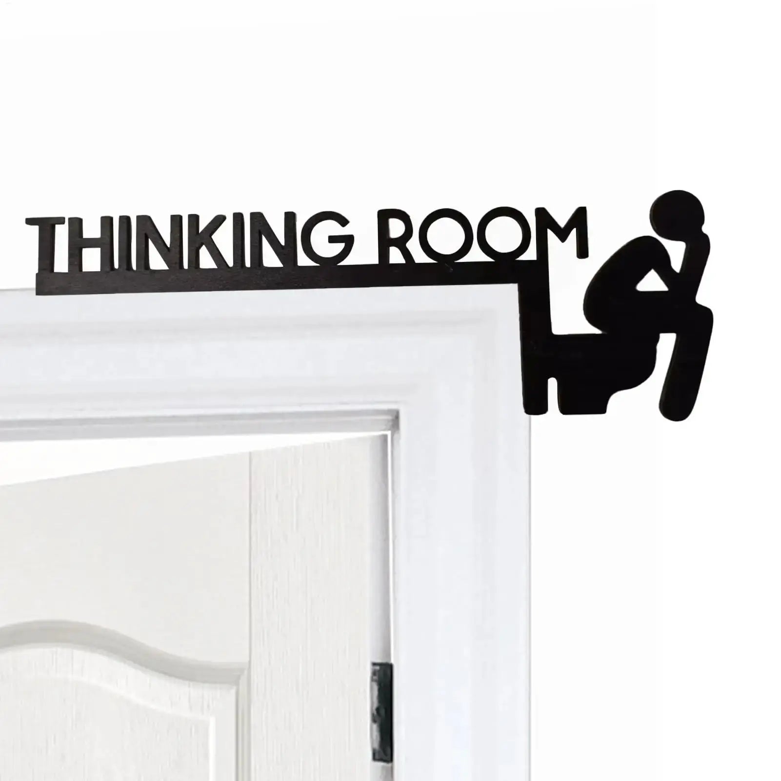 Thinking Room door sign, black wood topper with a seated thinker silhouette