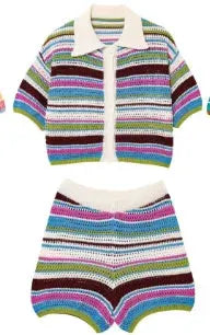Women Patchwork Striped Crochet Knit Set Polo Collar Shorts Y2K Style