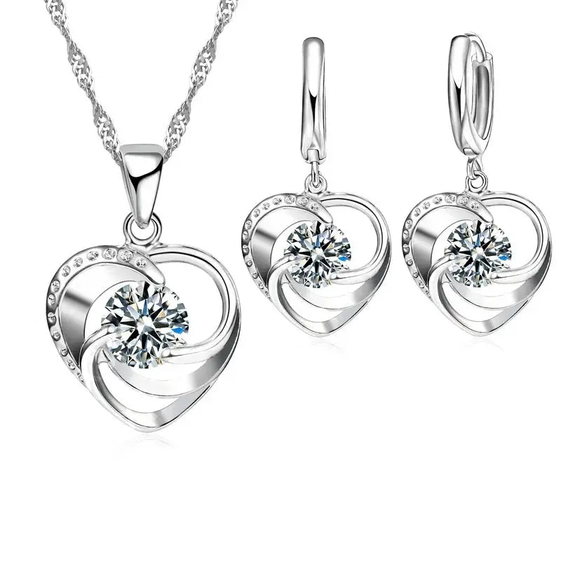 925 Sterling Silver Necklace And Earrings Set With Love Heart Shaped Zircon Pendant Long Chain For Women Romantic Style