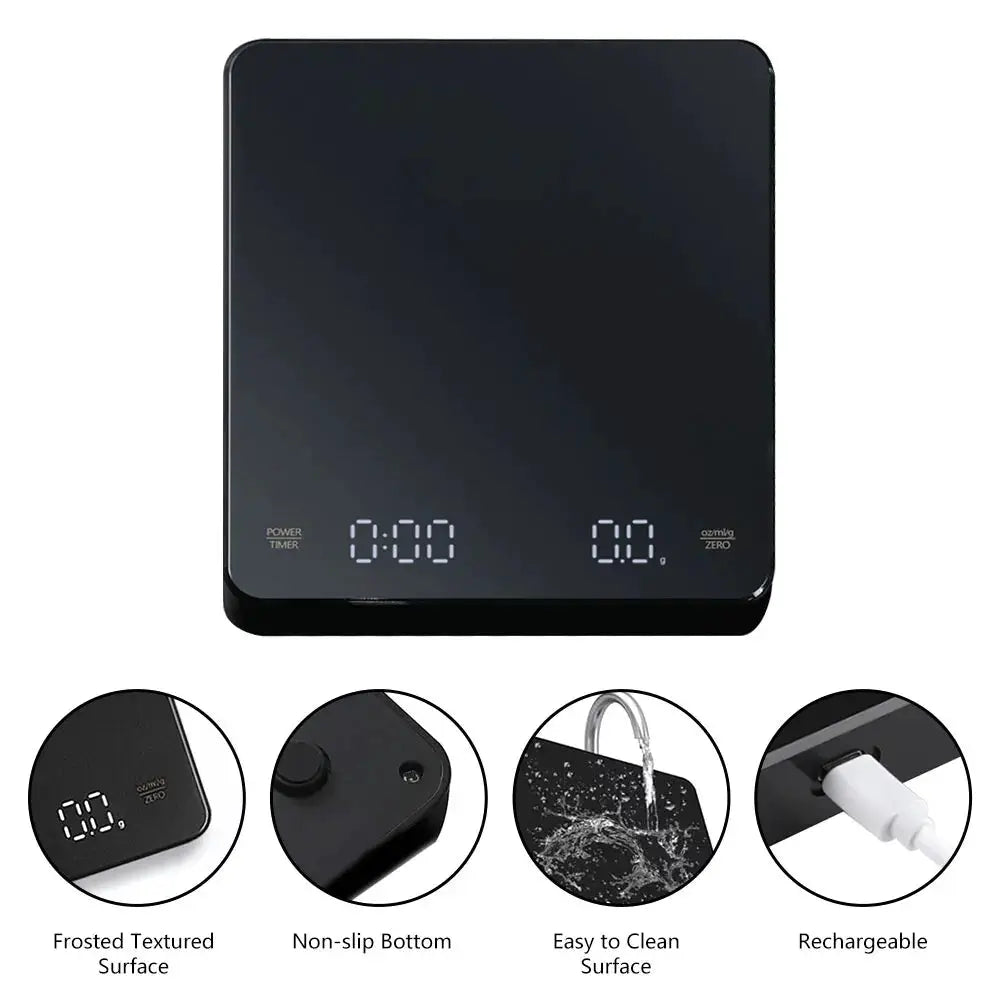 BaristaPro Digital Coffee Scale With Timer LED Screen 3kg Capacity 0.1g Precision USB