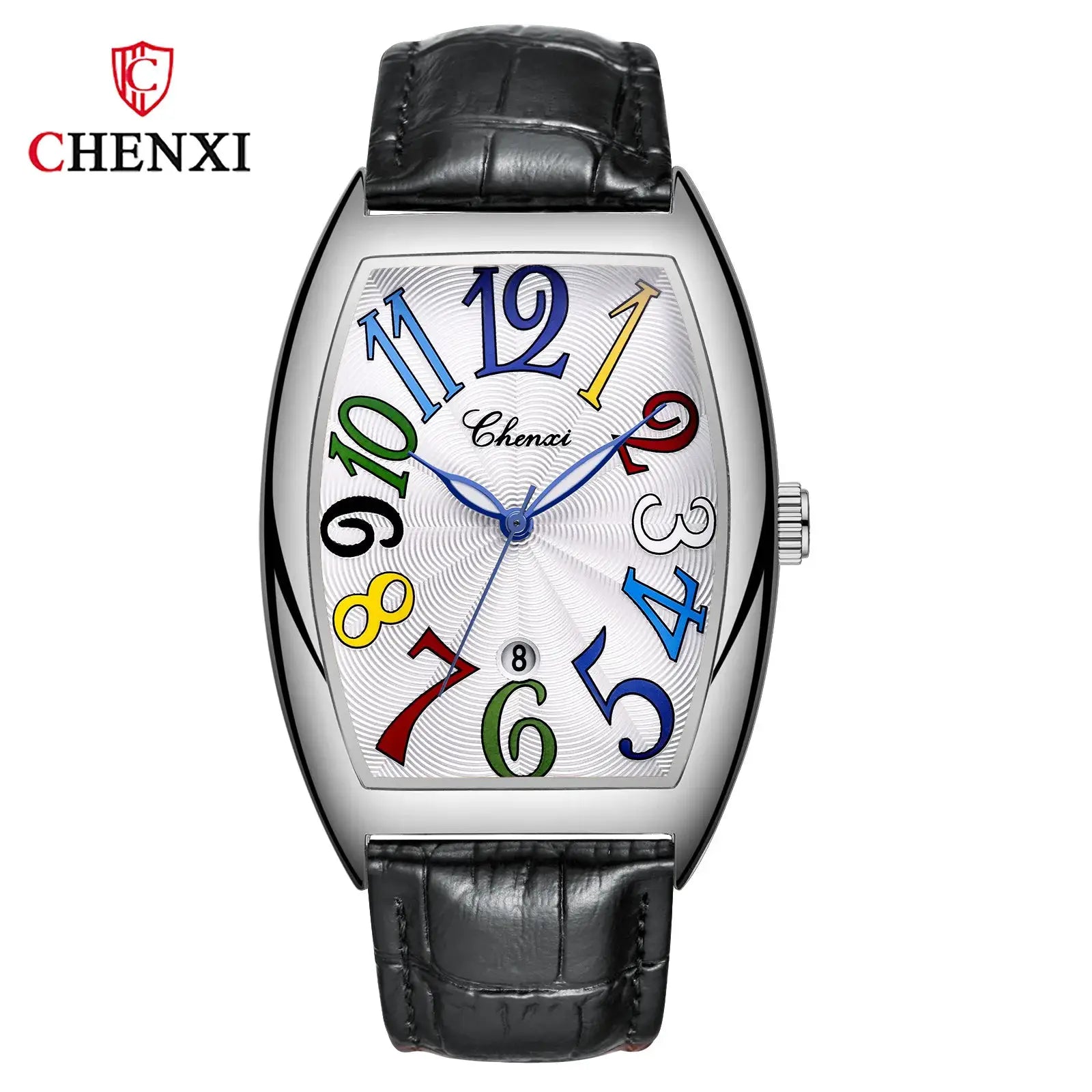 CHENXI men's watch with curved glass, black leather strap, colorful numerals