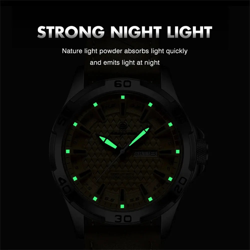 PAAZOMU men's luxury quartz wristwatch with luminous green hands, day/date window, brown leather strap