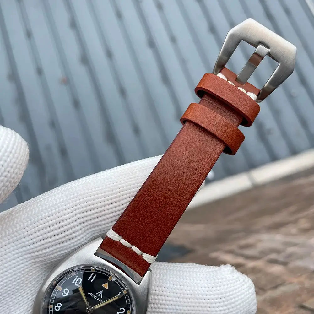 STEELFLIER SF745 unisex luxury quartz wristwatch, 36mm case, brown leather strap, stainless steel buckle