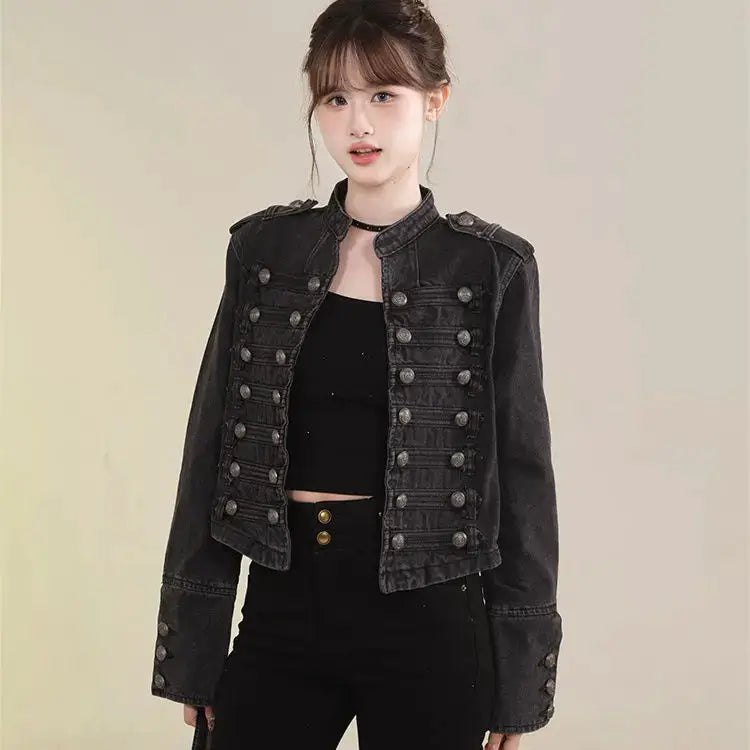 UrbanDenim Women's Short Coat Denim Jacket With Retro Button Design And Stand Up Collar For Slim Fit Autumn Winter Warmth