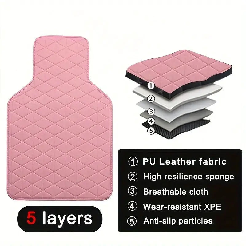 Simples Market 4-piece pink PU leather car floor mats with quilted pattern and 5-layer construction