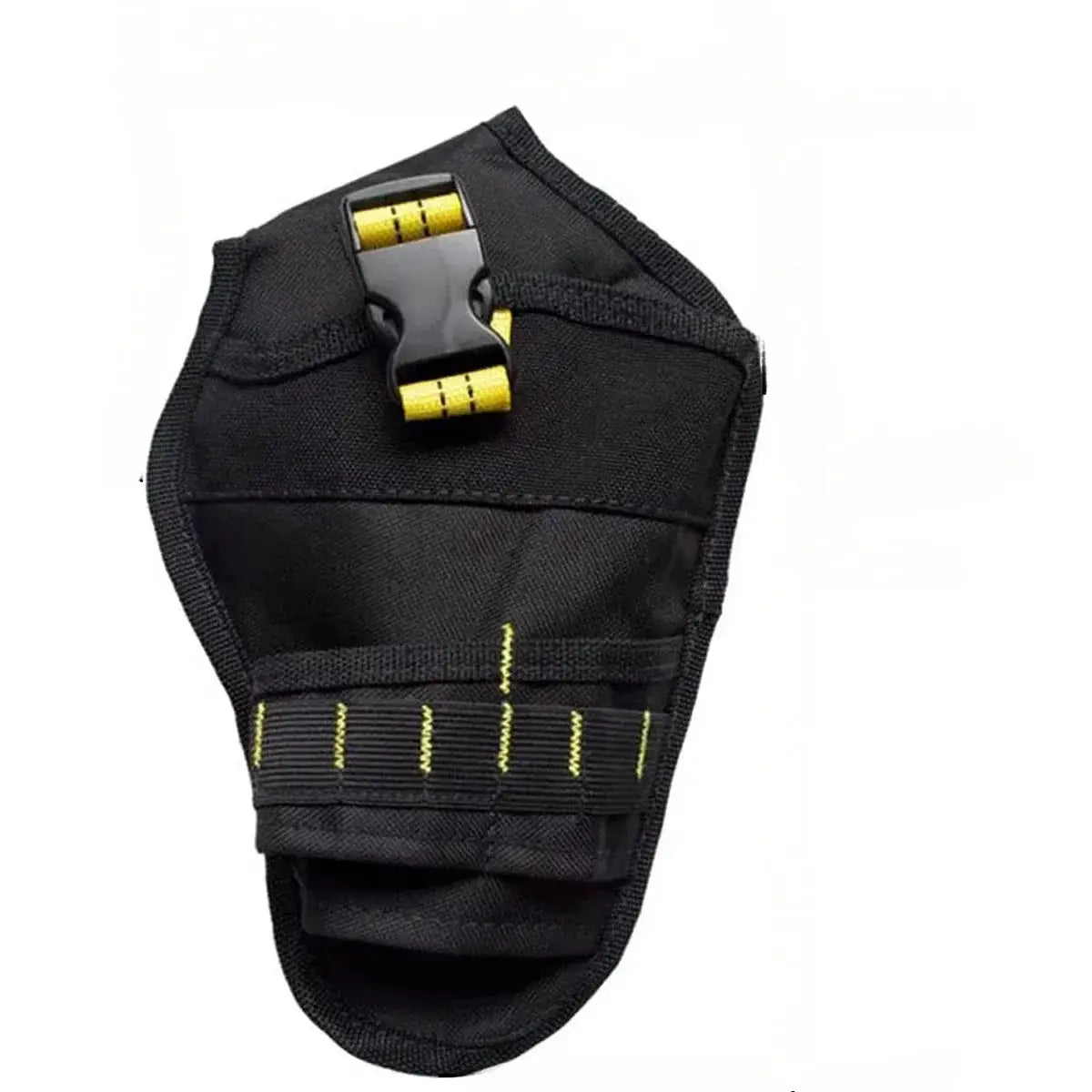 Simples Market cordless drill holster with metal clip; black fabric, yellow stitching