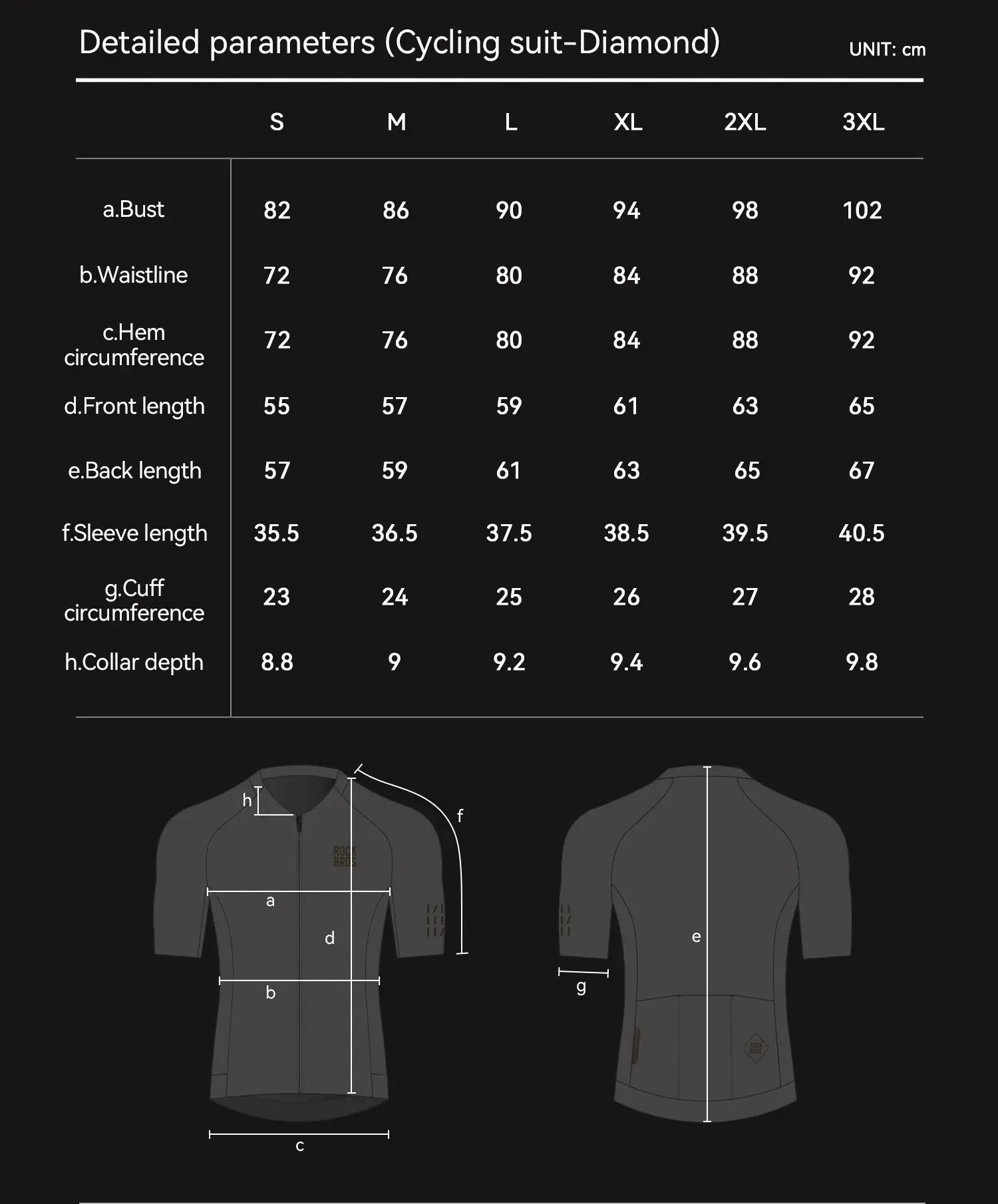 RockBros men's short-sleeve cycling jersey, dark gray breathable fabric, front and back views with size chart (S–3XL)