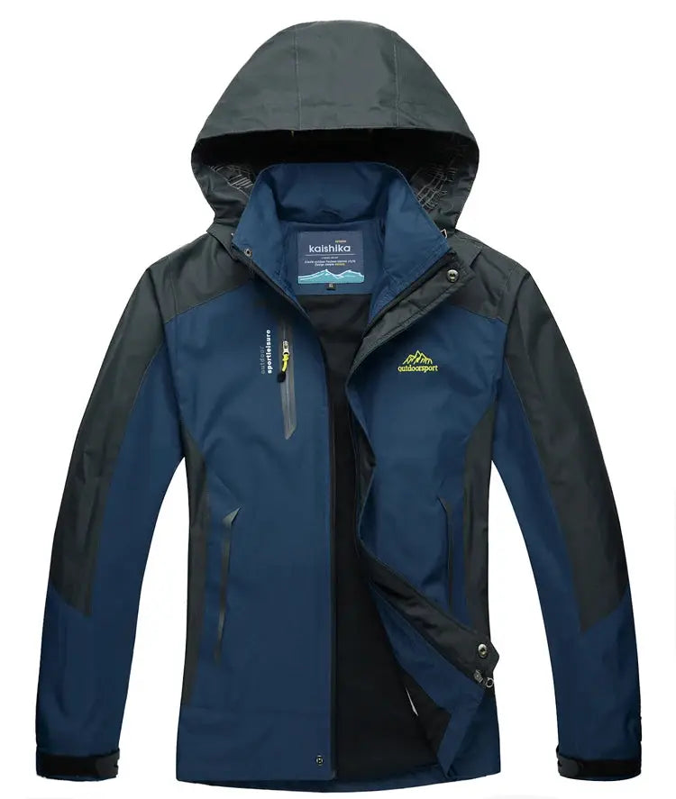 TRVLWEGO men's hooded camping jacket, blue/charcoal waterproof windbreaker with outdoorsport logo