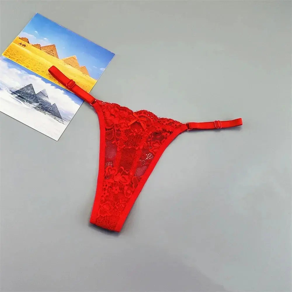 Red lace thong panties with adjustable side straps and sheer floral lace.