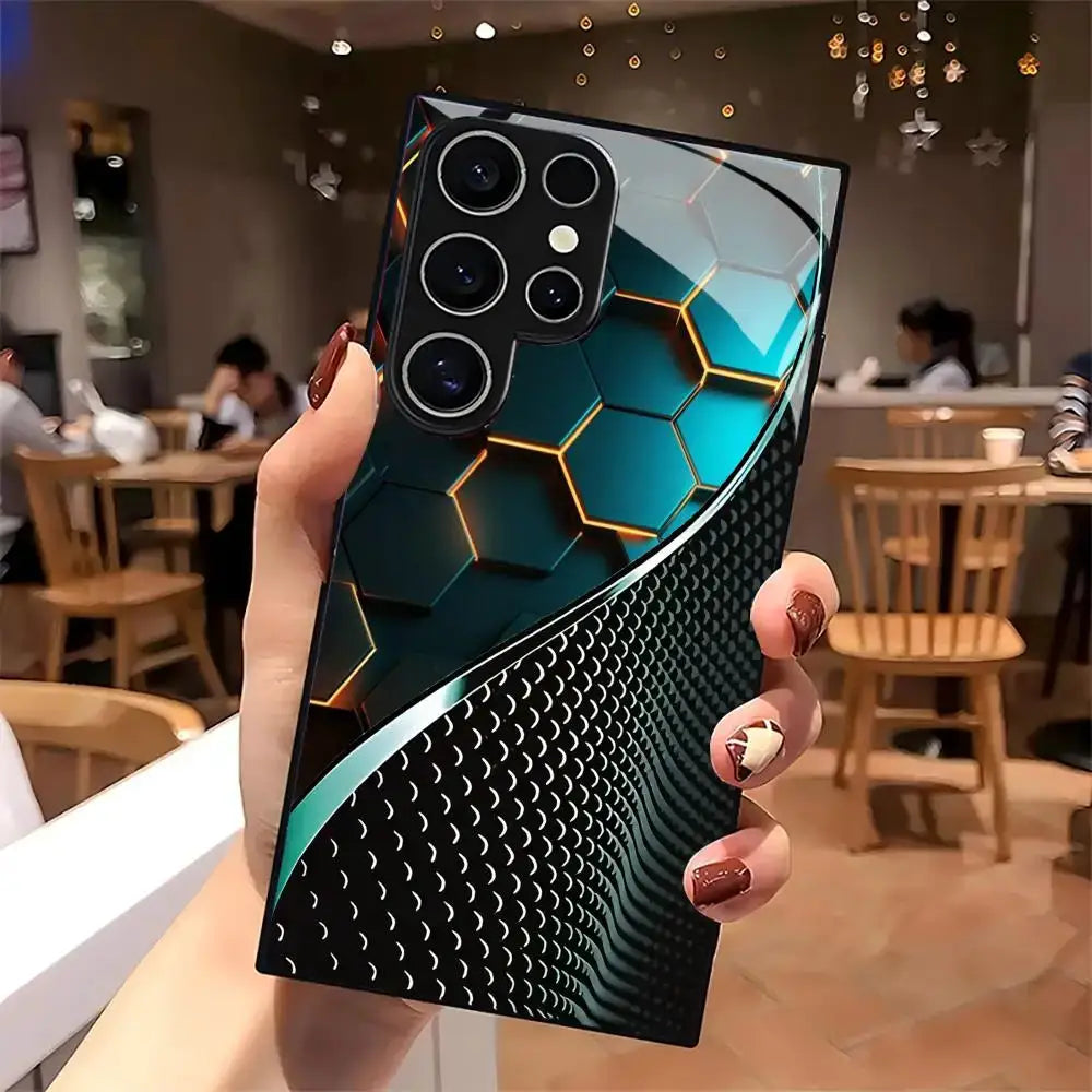 Phone case Simples Market with honeycomb wood pattern glass, teal and black frosted full-cover for Samsung Galaxy 5G