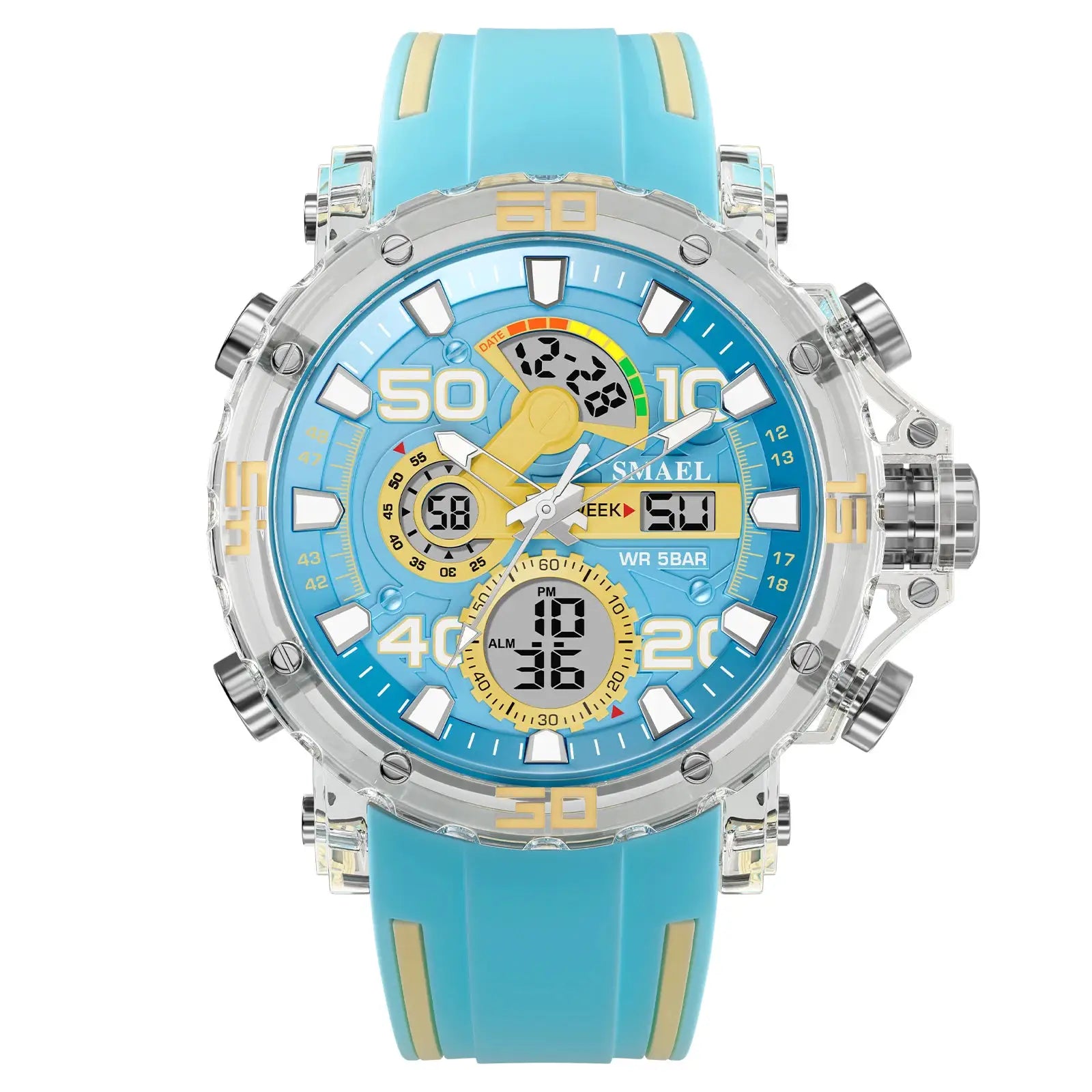 SMAEL men's digital-analog sports watch with blue dial, transparent bezel, and blue strap.