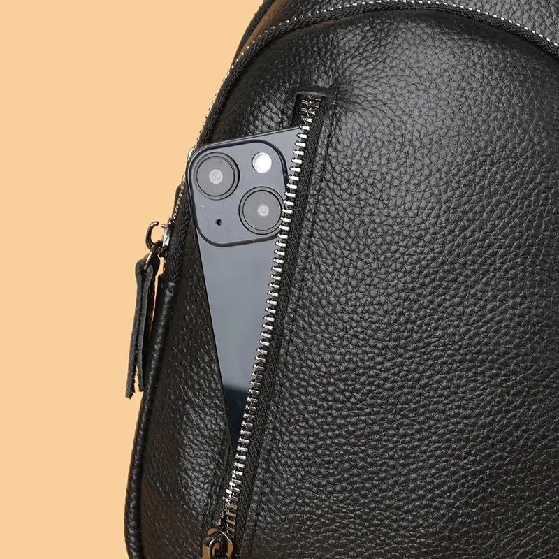Simples Market leather men's chest bag, black genuine leather crossbody with side zip pocket