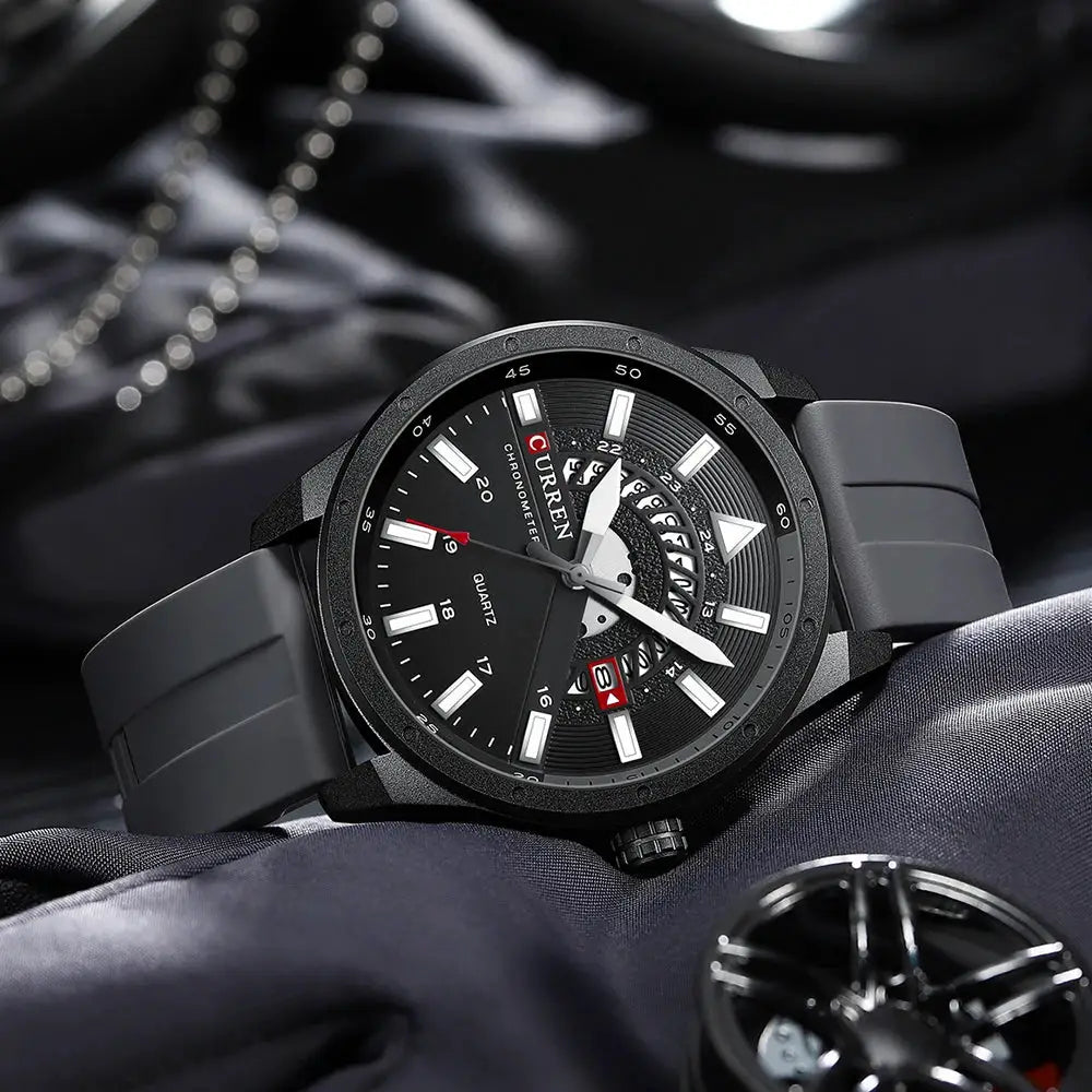 Curren men's quartz wristwatch with black dial, grey silicone strap, and date display