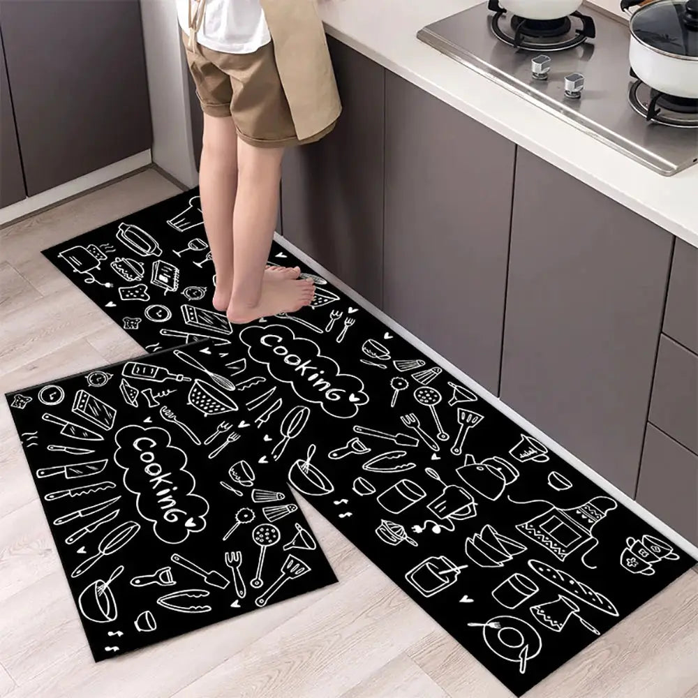 Non-slip kitchen mat long runner in black with white chalk-drawn cooking icons, 2-piece set