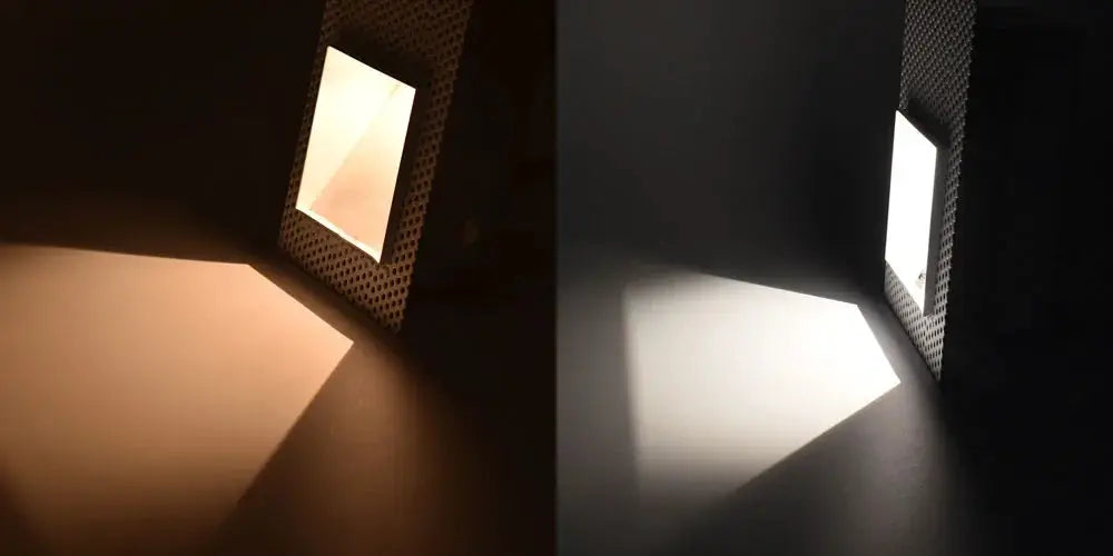 Embedded frameless LED stair wall lamp, 3W motion-sensor, indoor use, black perforated housing with dual warm/cool light