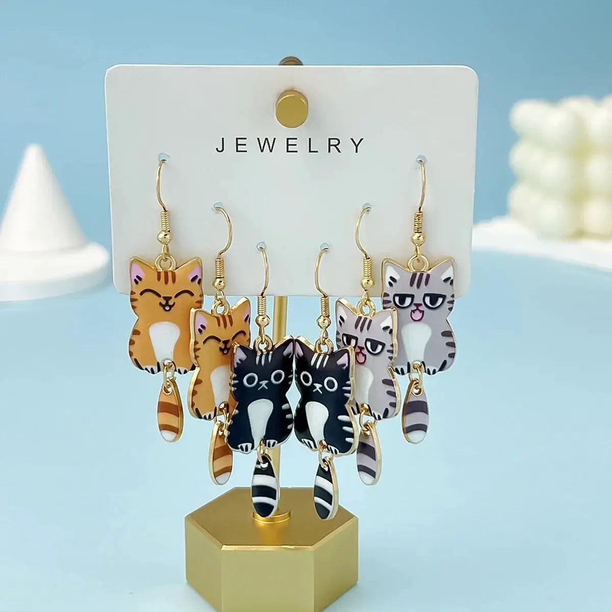 Three Pairs Colorful Cat Ear Dangle Earrings Set Enamel Alloy Hanging Tail Jewelry Cute Gift for Women and Girls
