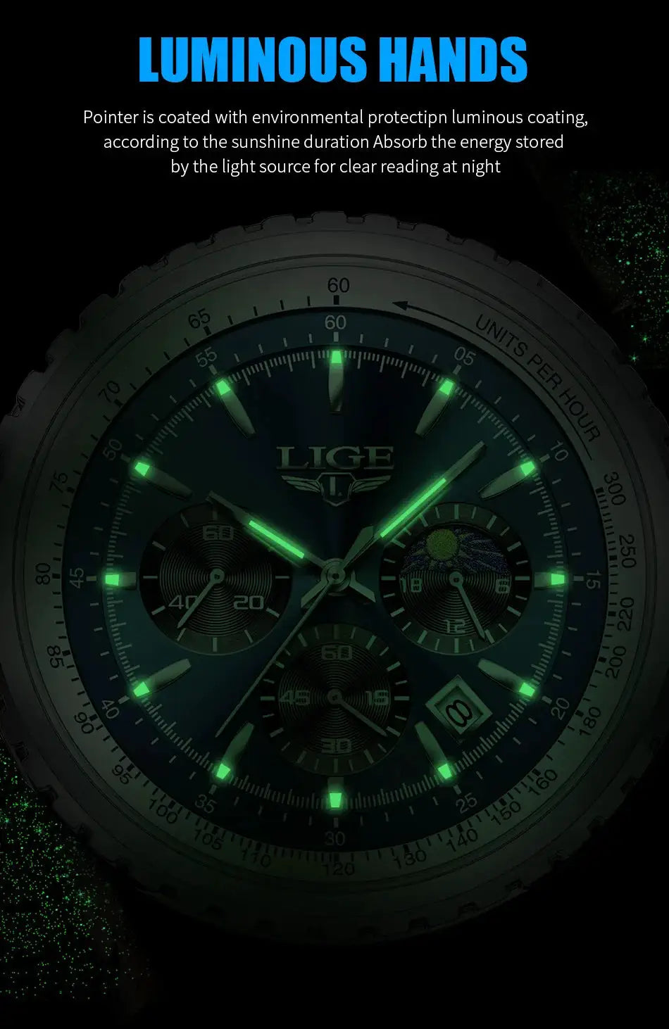 LIGE men's luxury chronograph wristwatch with luminous green hands, date window, dark dial