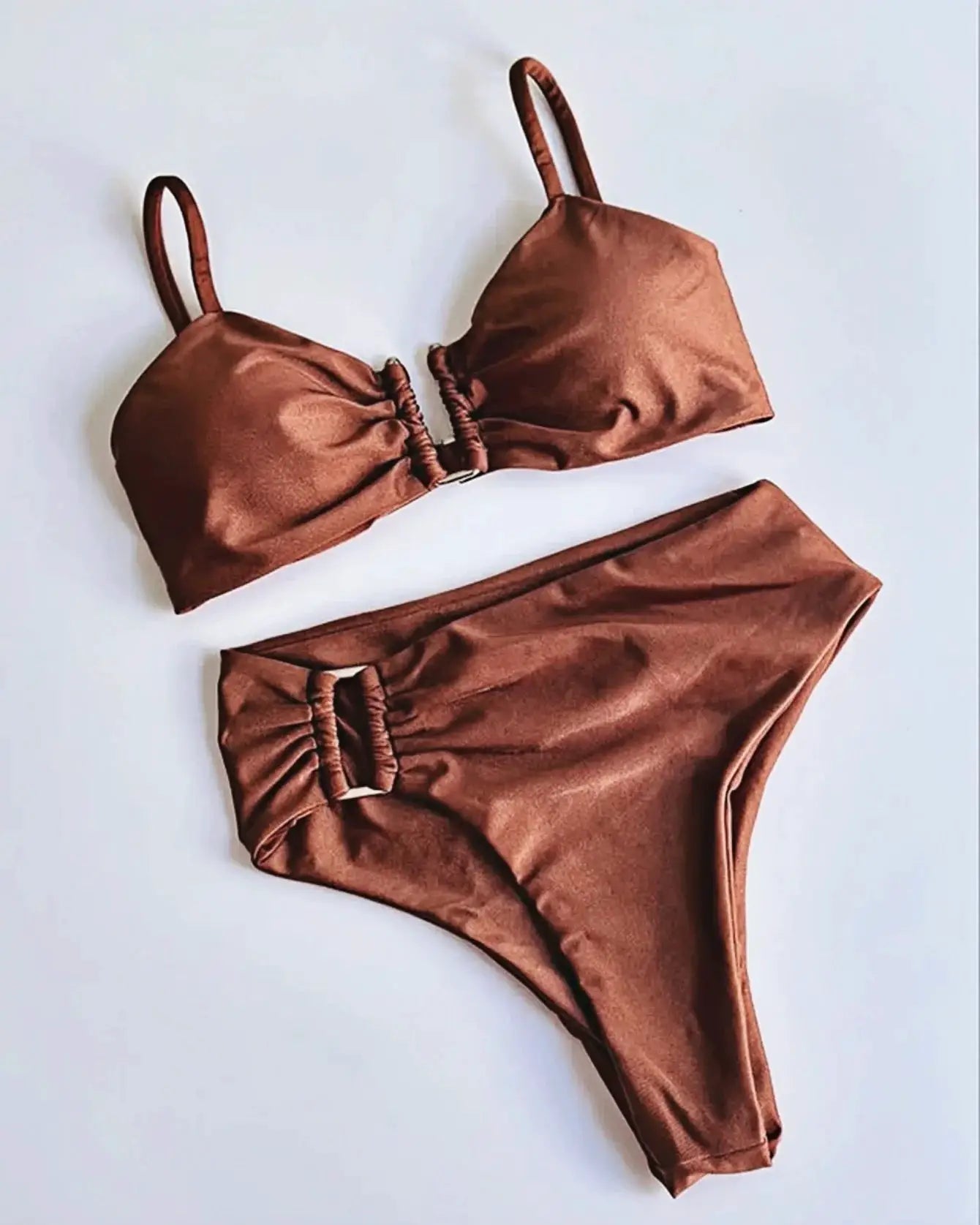 Simples Market bandeau bikini set in copper brown with ruched cups and thong bottoms