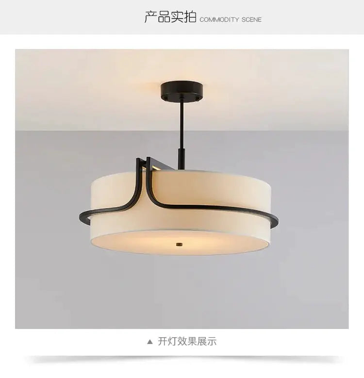 Modern Fabric Art Ceiling Chandelier Simples Market, black metal frame with white fabric shade