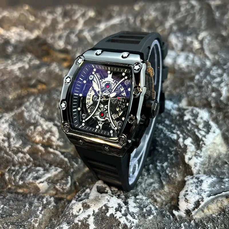 Light Luxury Brand Mens Wine Barrel Dial Quartz Watch with Night Glow and Calendar Durable Silicone Band