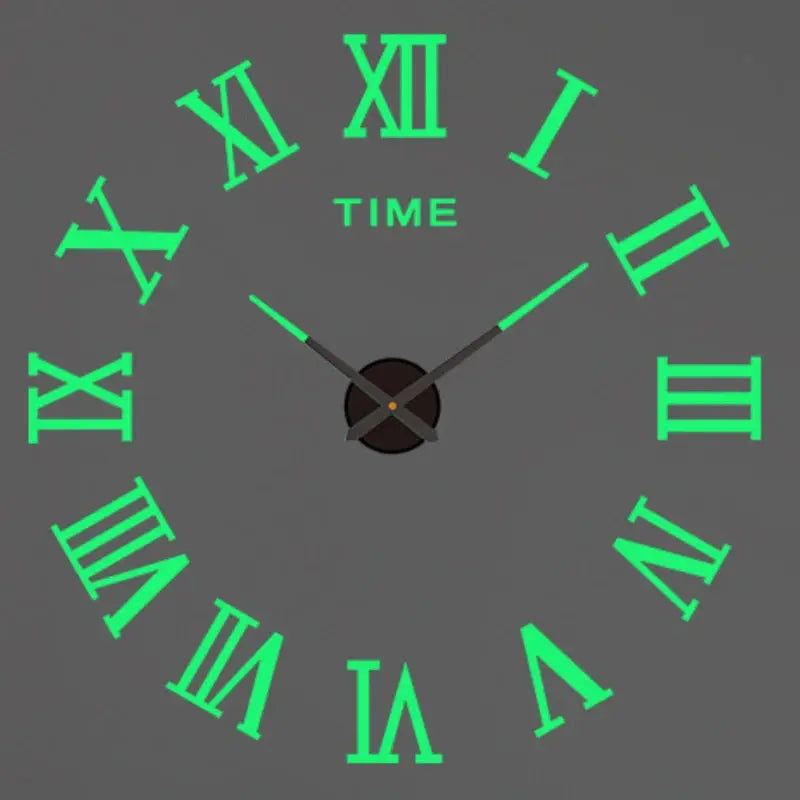 Large wall clock with neon-green Roman numerals and black hands on a gray wall; 3D DIY design