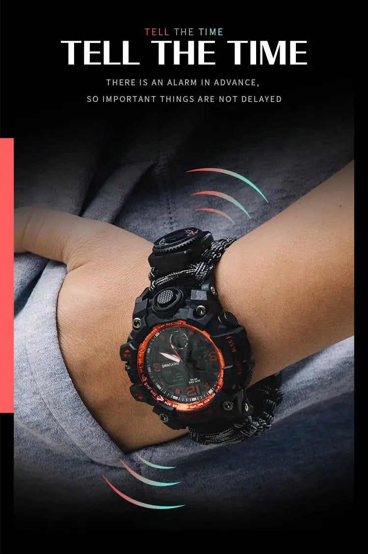 Men's rugged military-style watch with black case, orange bezel, and paracord strap