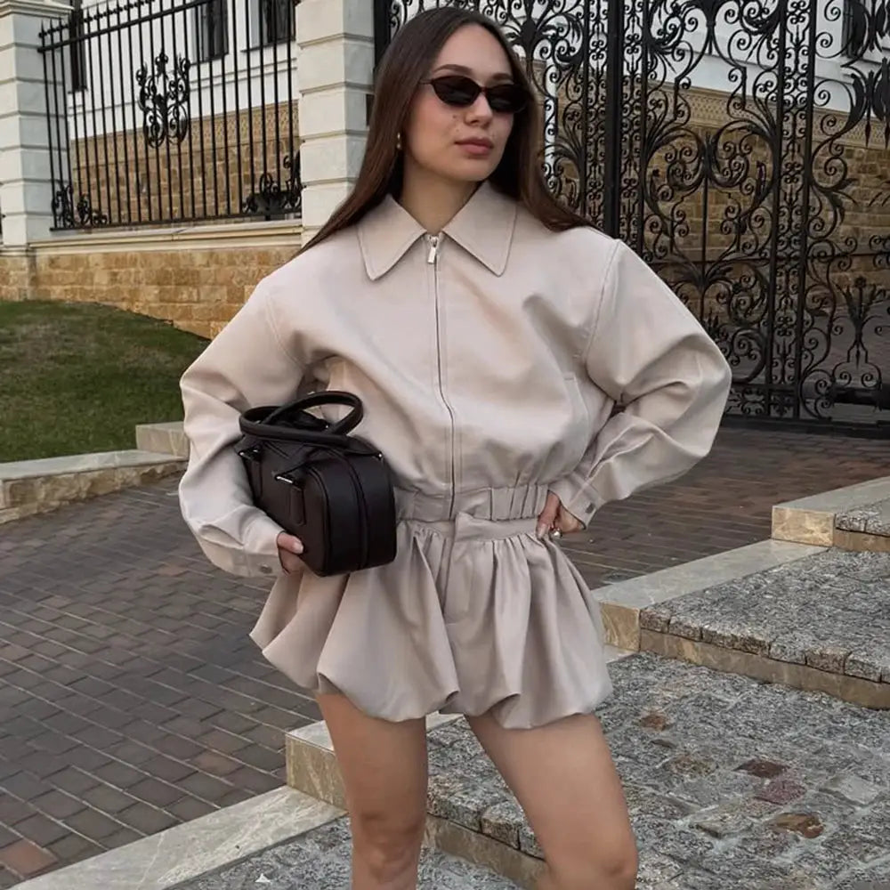 Tuularose Womens Lapel Zip Jacket Two Piece Pleated Shorts Autumn Suit