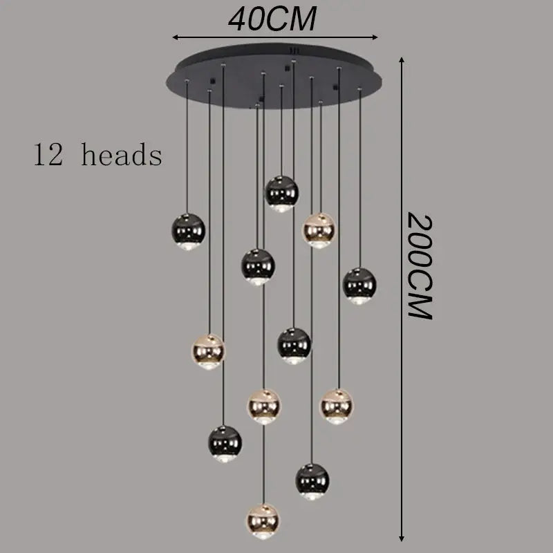 Simples Market pendant light with 12 LED globe pendants in black and copper, ceiling-mounted chandelier