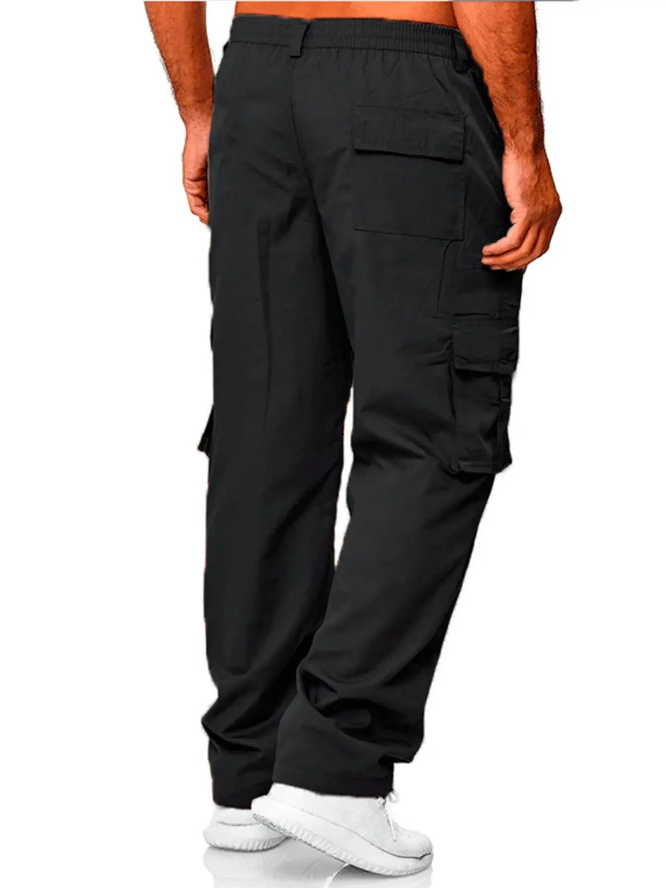 Men's black cargo sweatpants with multiple pockets, elastic waistband, outdoor workwear style