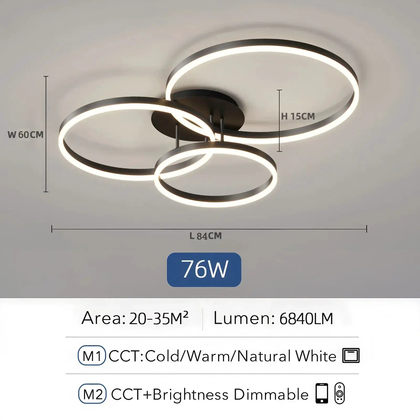 Simples Market smart ceiling chandelier with three overlapping black metal rings and warm white LED lighting.
