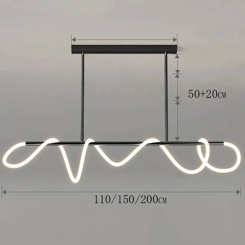 Nordic pendant chandelier with looping white neon light, black frame, ceiling mount; available in 110/150/200 cm