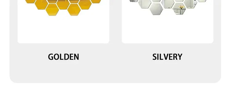 Hexagonal acrylic mirror wall stickers by Simples Market, 12pcs in golden and silvery finishes for crystal decor.