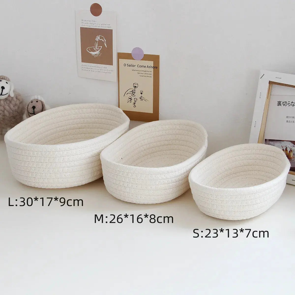 Woven white storage baskets set of 3 for desk organization (L, M, S).