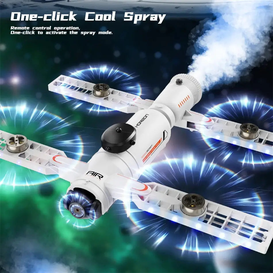 White quadcopter drone with spray nozzle and blue glow effects, featuring one-click spray function
