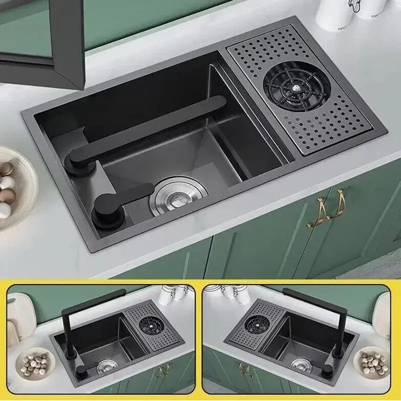 ASRAS Nano black single-bowl kitchen sink with cup washer, lifting faucet, and hidden counter cover by Simples Market