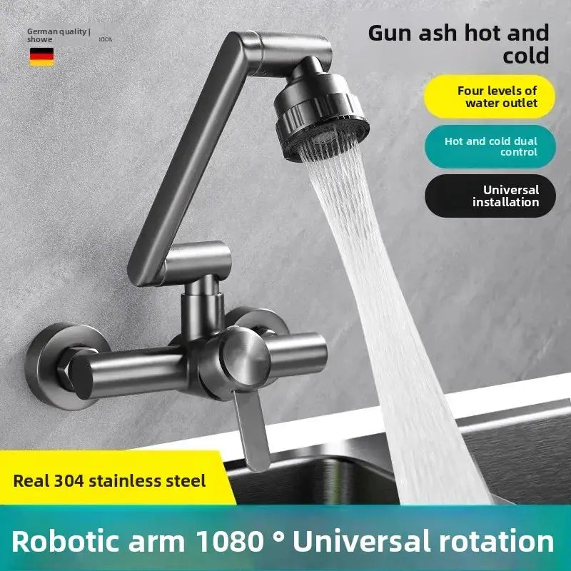 Simples Market stainless steel wall-mounted kitchen faucet with robotic arm, 4 modes, hot and cold, 360° rotation