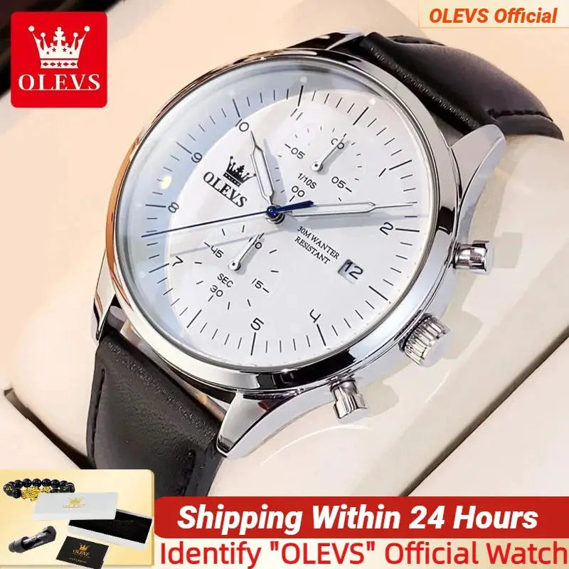 OLEVS men's wristwatch with white dial and black leather strap