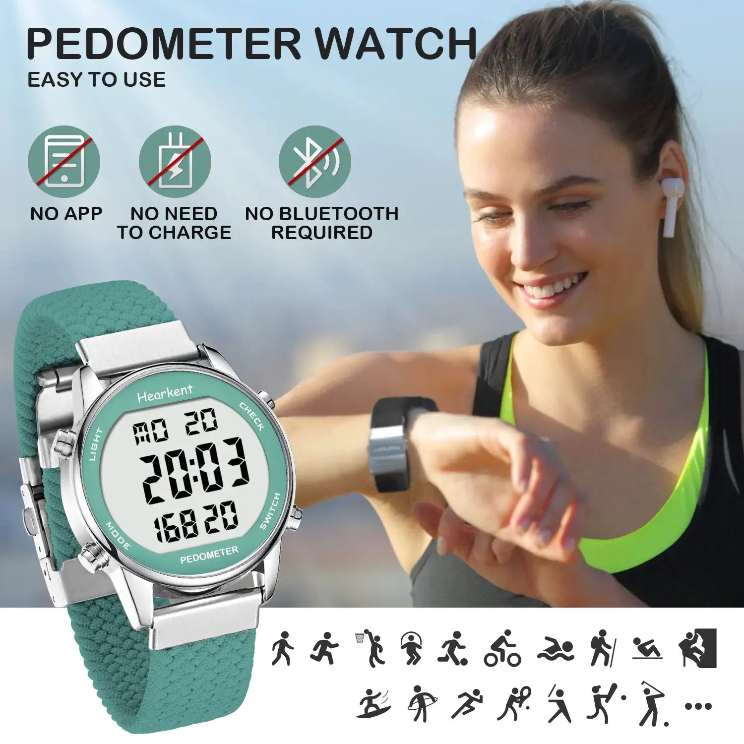 Hearkent pedometer sport watch with teal strap and digital display