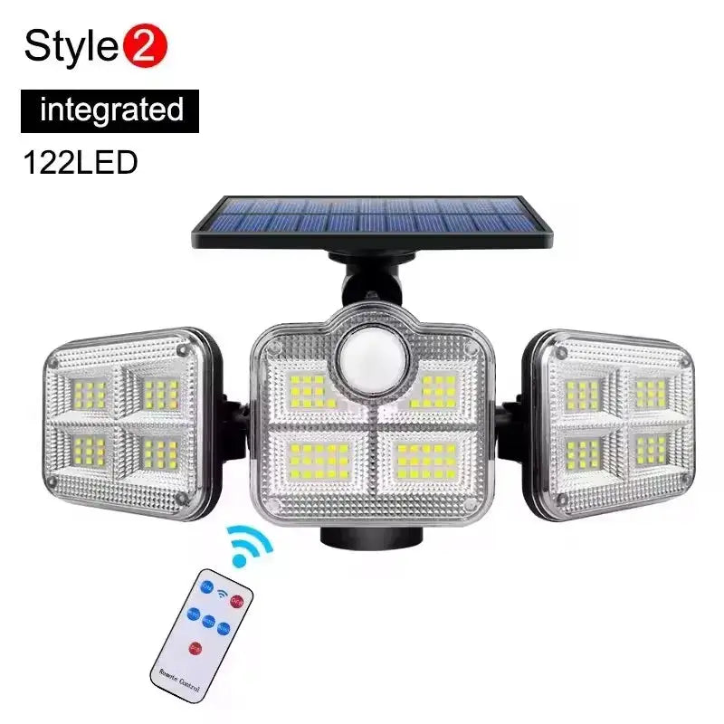 1 Pack Outdoor Motion Sensor Lamp 4 Head Solar Powered Flood Light 122 LED 3000 Lumens 270 Degree Range