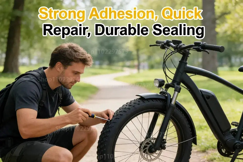 Tire repair kit by Simples Market for bicycle with puncture plug tools, repair glue and rubber strips.