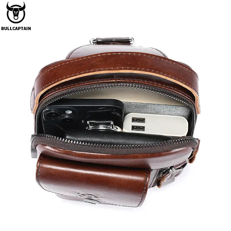 BULLCAPTAIN Mens Genuine Leather Chest Bag For Men Casual Retro 7 9 Inch Phone Crossbody Anti Theft