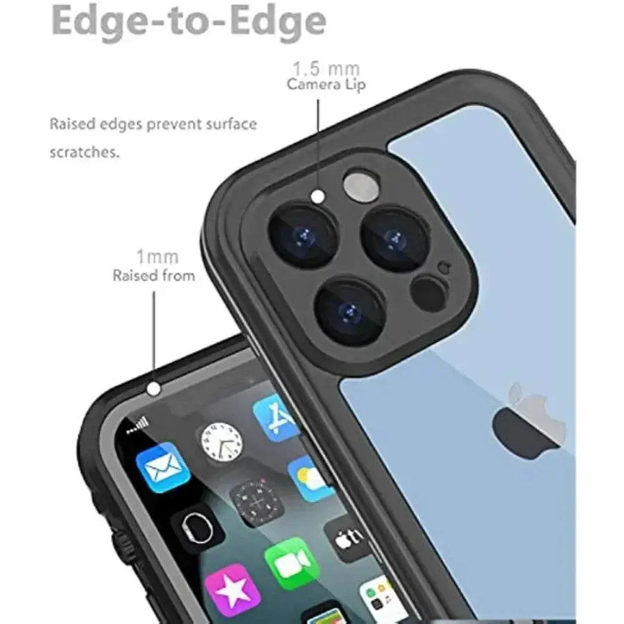 Clear IP68 waterproof phone case for iPhone 11–16 series with raised edges and 1.5mm camera lip.