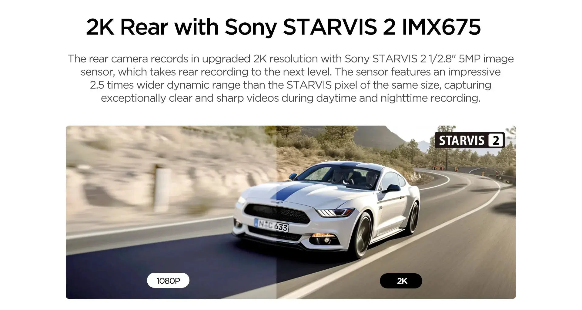 VIOFO A229 PLUS dash cam; white sports car on highway with Sony STARVIS 2 badge