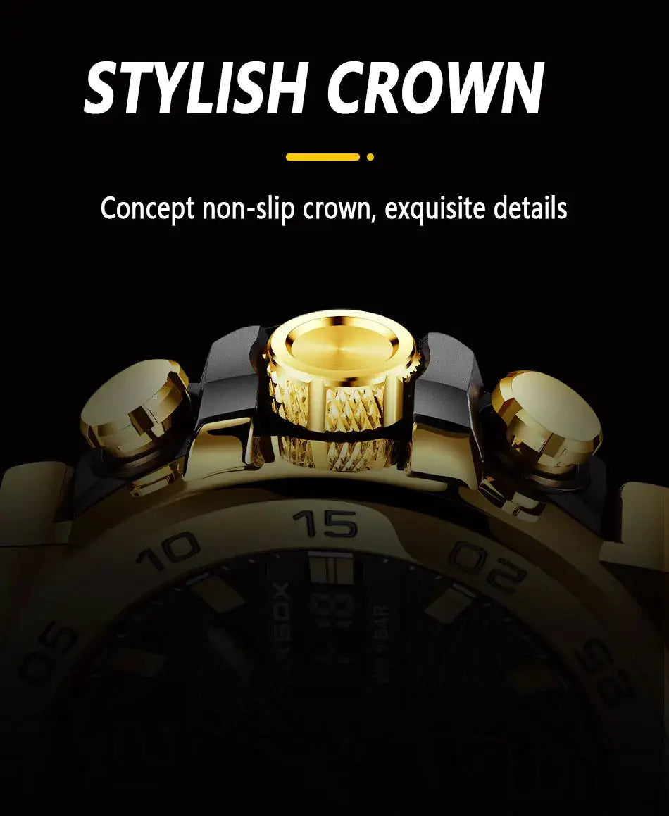 FOXBOX men's luxury diver watch with gold-tone crown and bezel