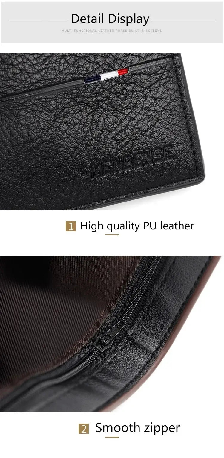 Men's slim bifold wallet in black PU leather with coin pocket and smooth zipper