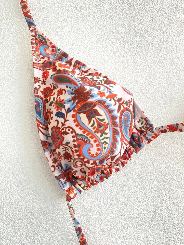Simples Market triangle string bikini top with paisley red-blue print on white, ruched sides