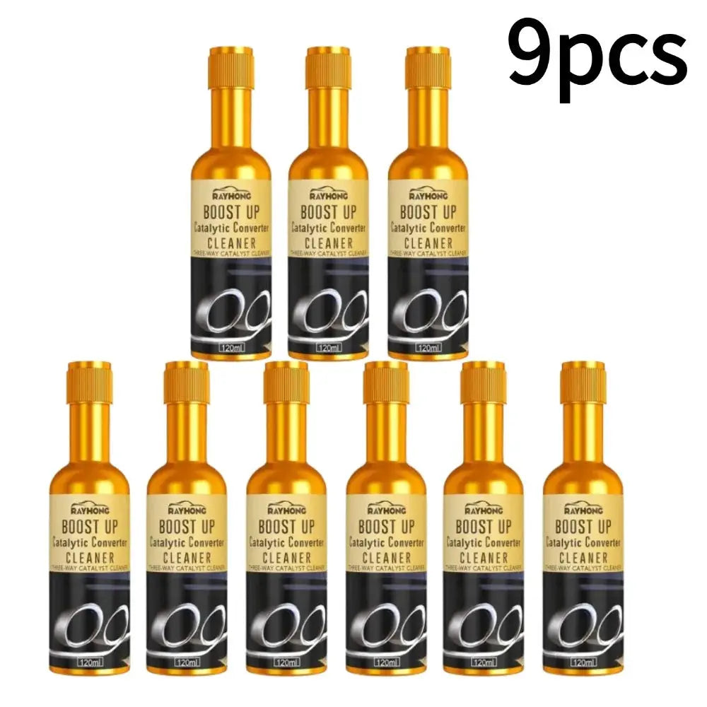 Rayhong Boost Up catalytic converter cleaner, 9pcs gold bottles with black labels.