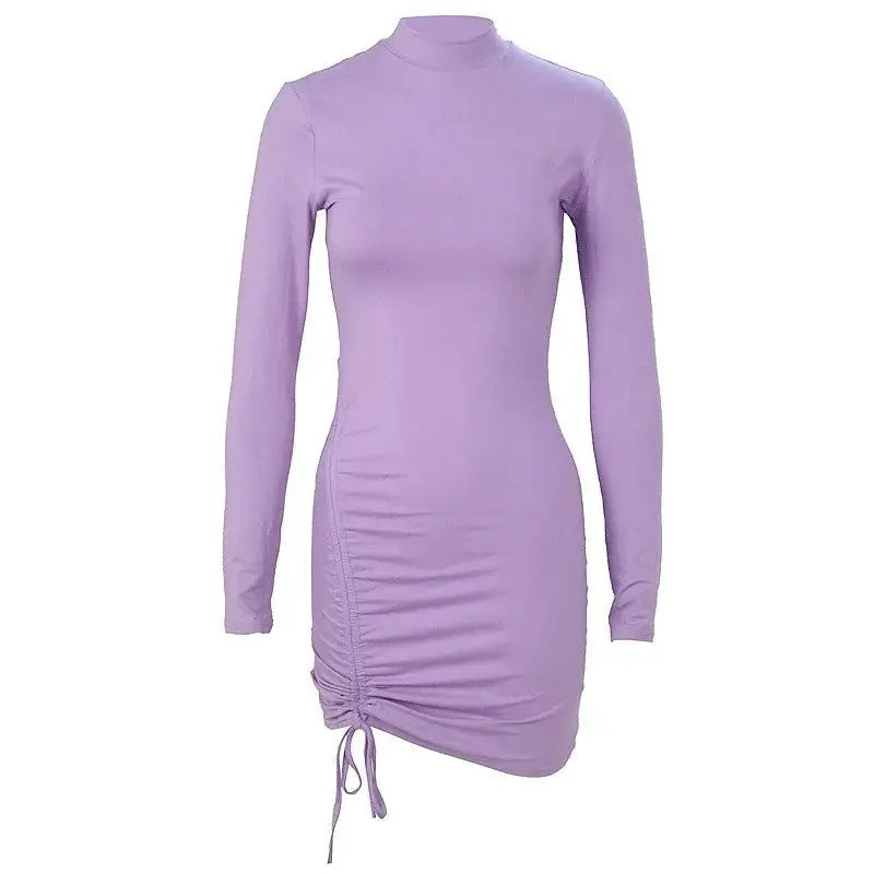 Elegant Lace Up Pleated Bodycon Mini Dress With Turtleneck Long Sleeves In Purple Or Black