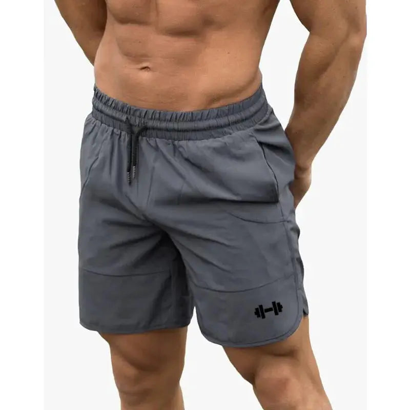 Men's gray athletic shorts with drawstring waist and side pockets for gym, running, and training.